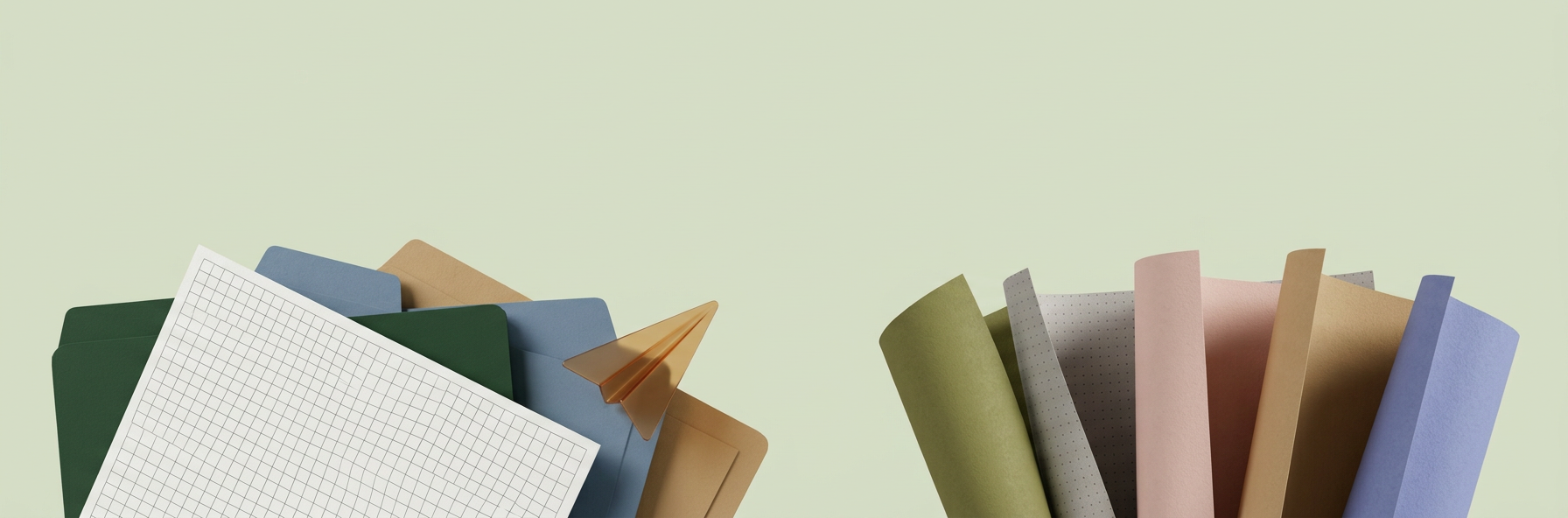 Standing paper sheets and folders in greens, blues, blush and tan, with a small amber paper plane