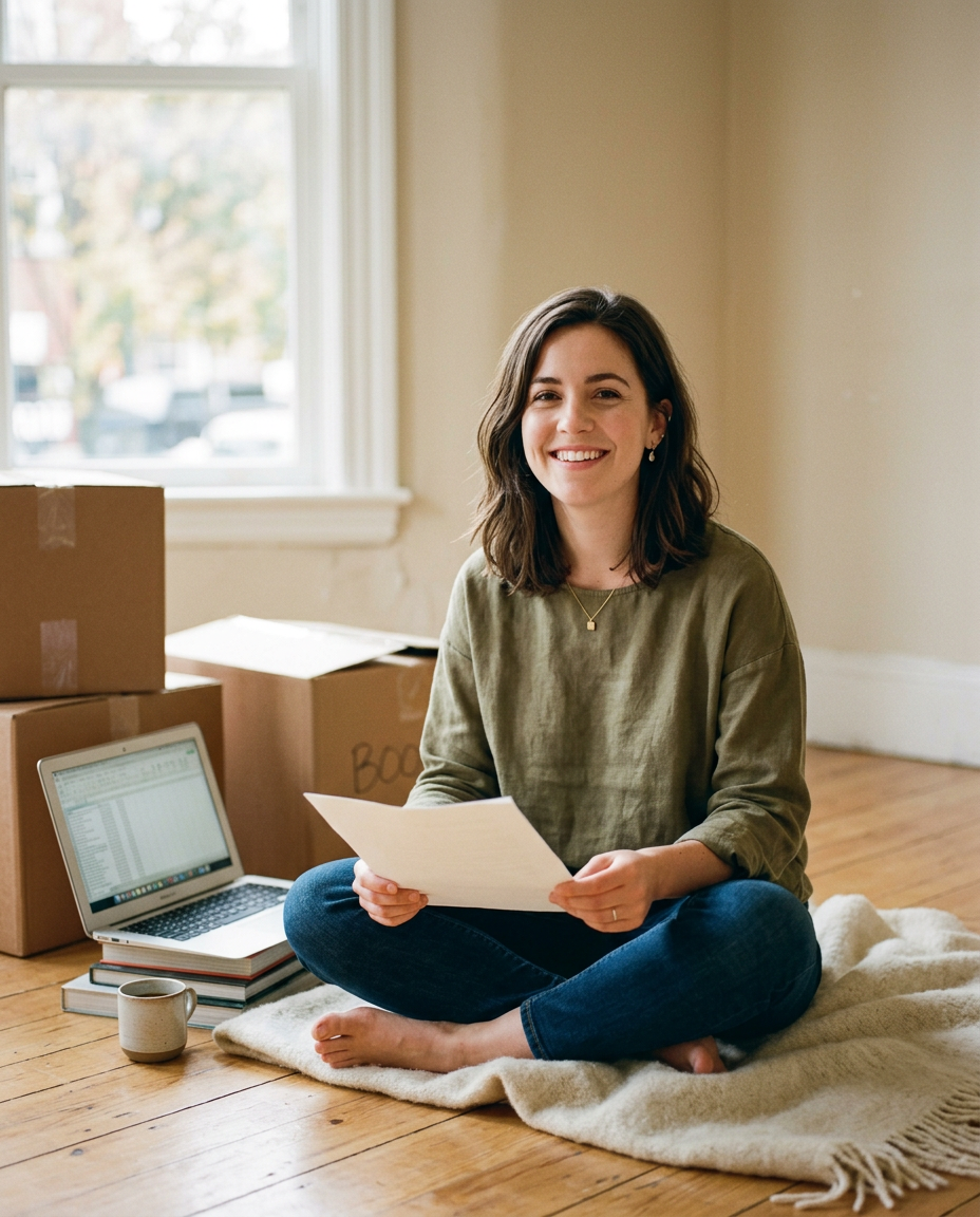 A smiling woman sitting on the floor of a nearly empty apartment with moving boxes and an open laptop beside her
