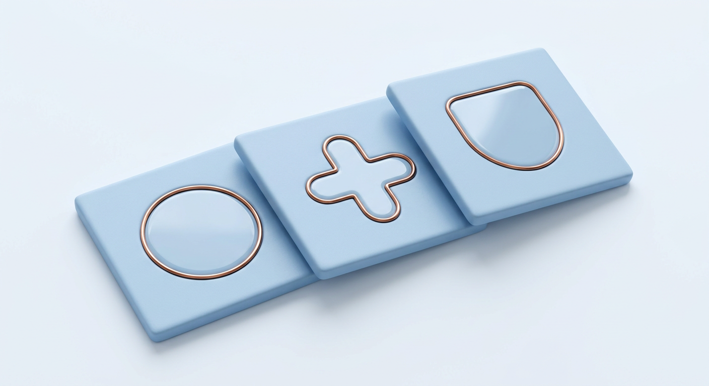 Three powder-blue tiles with copper-rimmed cut-outs: a circle, a plus sign and a shield
